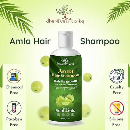 Dharavati Herbs Amla Shampoo | Beneficial for Hair Fall & Dandruff | Rich in Amla, Aloevera, Bhringraj, Vitamin C | Pack of 200ml